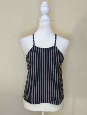 Aqua Navy and White Vertical Stripe High-Neck Halter Cami Tank Top Size LP